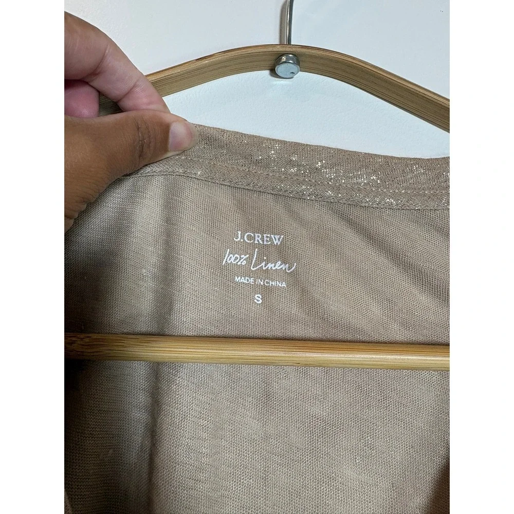 J.Crew Women Linen Metallic Gold  Tan Foil Pocket V-Neck Shirt Small Sheer Chic